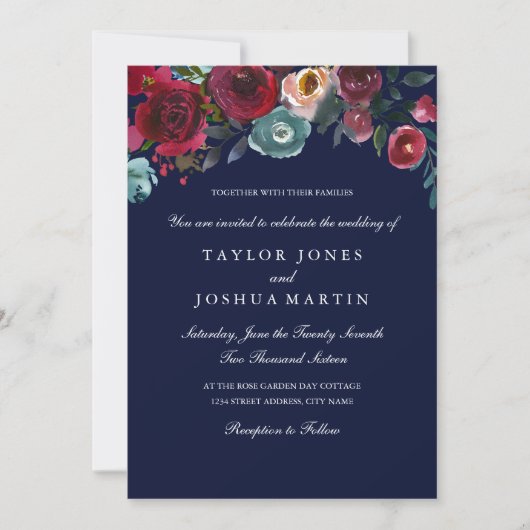 Burgundy Navy Elegant Floral Wedding Invitation Kaart (Voorkant)