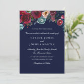 Burgundy Navy Elegant Floral Wedding Invitation Kaart (Staand voorkant)