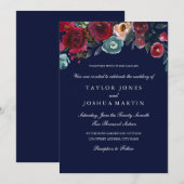 Burgundy Navy Elegant Floral Wedding Invitation Kaart (Voorkant / Achterkant)