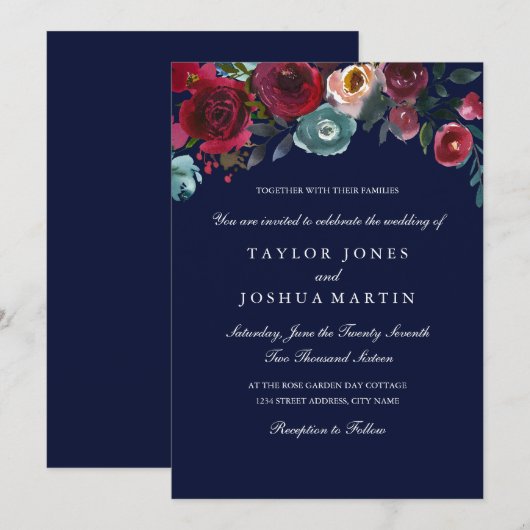 Burgundy Navy Elegant Floral Wedding Invitation Kaart (Voorkant / Achterkant)