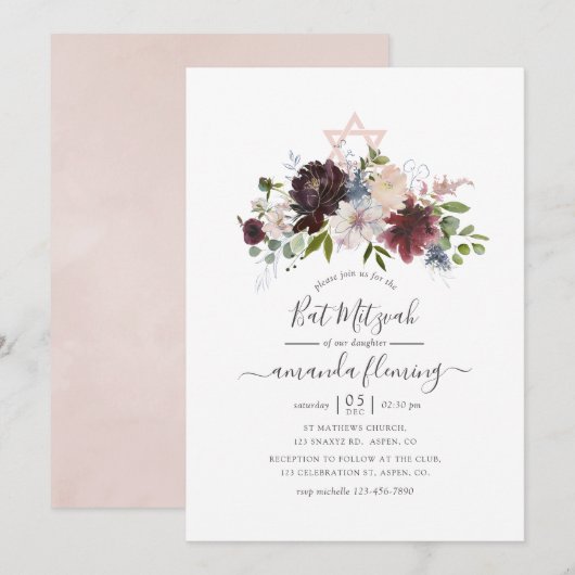 Burgundy, Navy en Blush Bat Mitzvah Kaart (Voorkant / Achterkant)