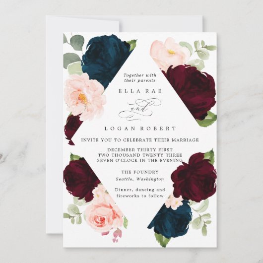 Burgundy Navy en Blush Floral Wedding Invitation Kaart (Voorkant)