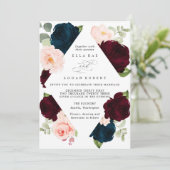 Burgundy Navy en Blush Floral Wedding Invitation Kaart (Staand voorkant)