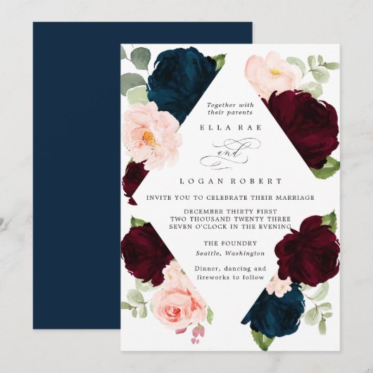 Burgundy Navy en Blush Floral Wedding Invitation Kaart (Voorkant / Achterkant)