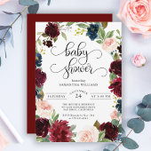Burgundy Navy en Blush Pink Floral Baby shower Kaart