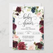 Burgundy Navy en Blush Pink Floral Baby shower Kaart (Voorkant)