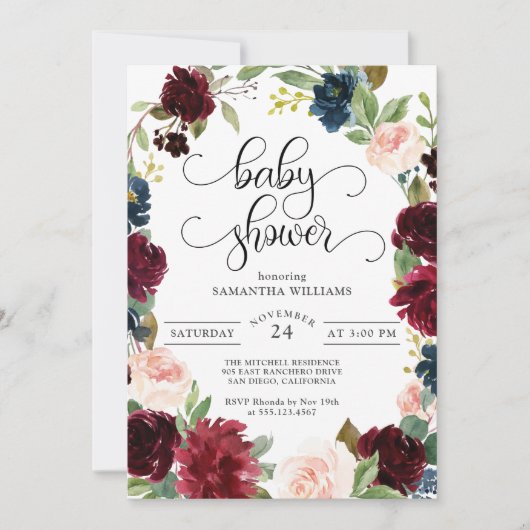 Burgundy Navy en Blush Pink Floral Baby shower Kaart (Voorkant)