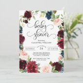 Burgundy Navy en Blush Pink Floral Baby shower Kaart (Staand voorkant)