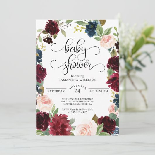Burgundy Navy en Blush Pink Floral Baby shower Kaart (Staand voorkant)