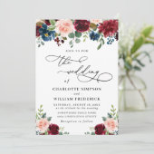 Burgundy Navy Eucalyptus Roos Greenery Wedding Kaart (Staand voorkant)