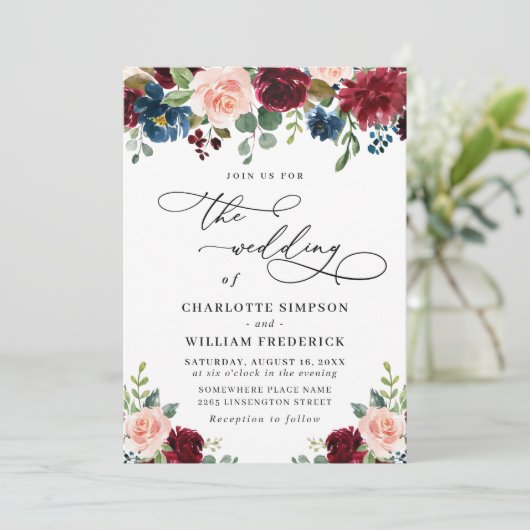 Burgundy Navy Eucalyptus Roos Greenery Wedding Kaart (Staand voorkant)