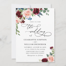 Burgundy Navy Eucalyptus Roos Greenery Wedding Kaart