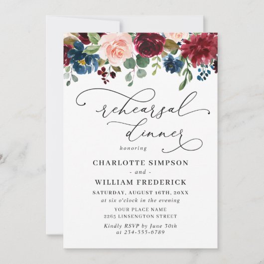 Burgundy Navy Eucalyptus Roze PROEFHuwelijksdiner Kaart (Voorkant)