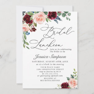 Burgundy Navy Eucalyptus Rozen Bridal Luncheon Kaart