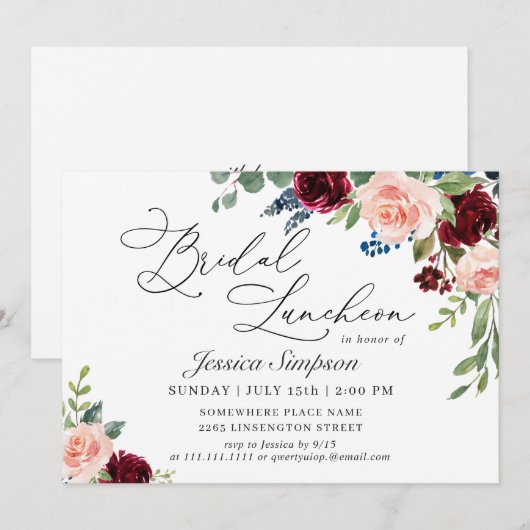 Burgundy Navy Eucalyptus Rozen Bridal Luncheon Kaart (Voorkant / Achterkant)