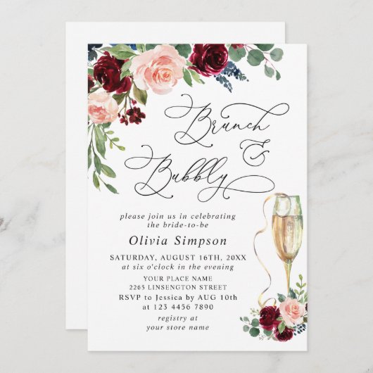 Burgundy Navy Eucalyptus Rozen Brunch & Bubble Kaart (Voorkant / Achterkant)