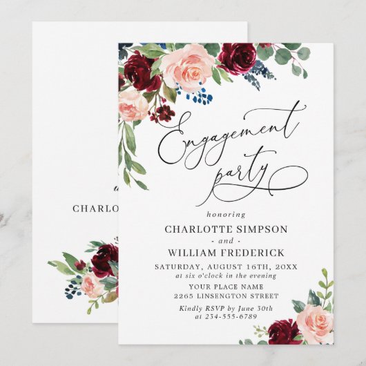 Burgundy Navy Eucalyptus Rozen ENGAGTY Kaart (Voorkant / Achterkant)