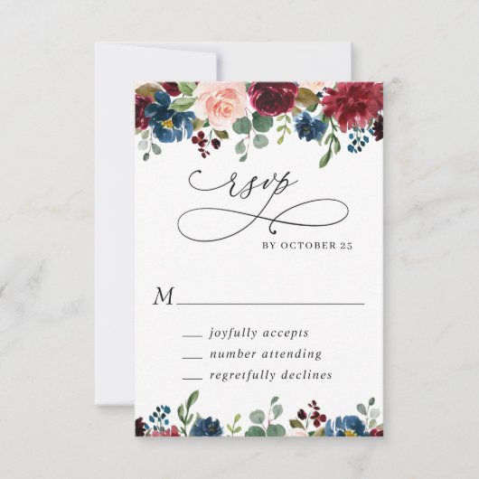 Burgundy Navy Eucalyptus Rozen Floral Weddenschap RSVP Kaartje (Voorkant)