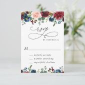 Burgundy Navy Eucalyptus Rozen Floral Weddenschap RSVP Kaartje (Staand voorkant)