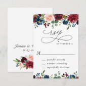 Burgundy Navy Eucalyptus Rozen Floral Weddenschap RSVP Kaartje (Voorkant / Achterkant)