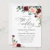 Burgundy Navy Eucalyptus Rozen Greenery Wedding Kaart (Voorkant)