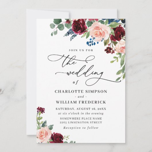 Burgundy Navy Eucalyptus Rozen Greenery Wedding Kaart (Voorkant)