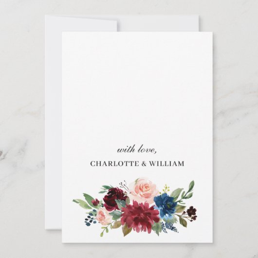 Burgundy Navy Eucalyptus Rozen Greenery Wedding Kaart (Achterkant)