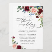 Burgundy Navy Eucalyptus Rozen Greenery Wedding Kaart (Voorkant / Achterkant)