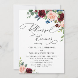 Burgundy Navy Eucalyptus Rozen REHEARSAL DINNER Kaart