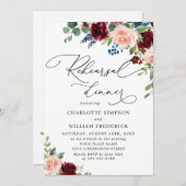 Burgundy Navy Eucalyptus Rozen REHEARSAL DINNER Kaart (Voorkant / Achterkant)