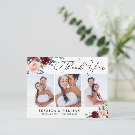 Burgundy Navy Eucalyptus Wedding 3 Foto Dank je Briefkaart (Staand voorkant)