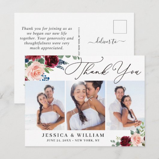 Burgundy Navy Eucalyptus Wedding 3 Foto Dank je Briefkaart (Voorkant / Achterkant)