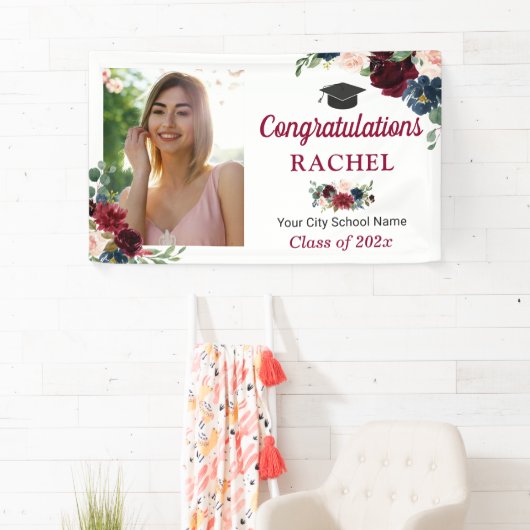 Burgundy Navy Floral Afstuderen Graduation Party Spandoek (Insitu)