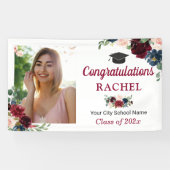 Burgundy Navy Floral Afstuderen Graduation Party Spandoek (Horizontaal)