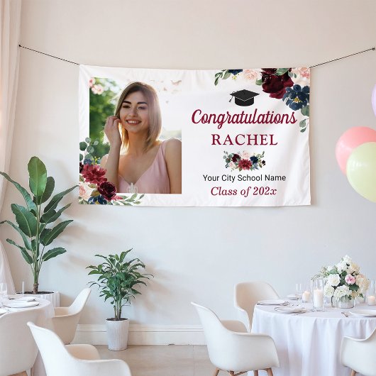 Burgundy Navy Floral Afstuderen Graduation Party Spandoek