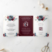 Burgundy Navy Floral Ampersand QR Code Wedding Drieluik Uitnodiging (Binnen)