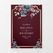 Burgundy Navy Floral Ampersand QR Code Wedding Drieluik Uitnodiging (Cover)