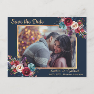 Burgundy Navy Floral Blue Photo Save the Date Aankondigingskaart