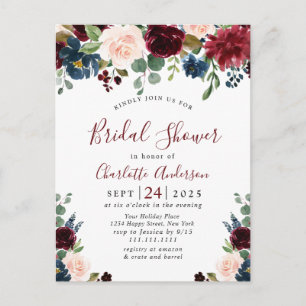 Burgundy Navy Floral Bridal Shower Invitations Briefkaart