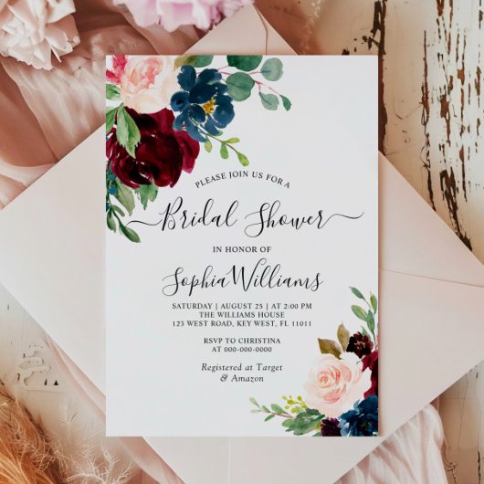 Burgundy & Navy Floral Bridal Shower Kaart
