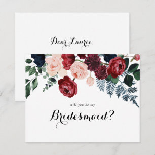 Burgundy Navy Floral Bridesmaid-kaartje Notitiekaartje
