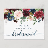 Burgundy Navy Floral Bridesmaid proposal Kaart (Voorkant)