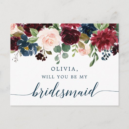 Burgundy Navy Floral Bridesmaid proposal Kaart (Voorkant)