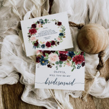 Burgundy Navy Floral Bridesmaid proposal Kaart