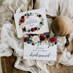 Burgundy Navy Floral Bridesmaid proposal Kaart