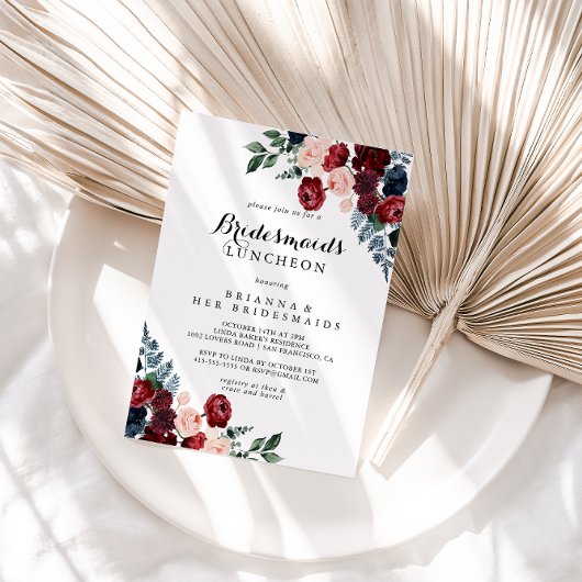 Burgundy Navy Floral Bridesmaids Luncheon Shower Kaart