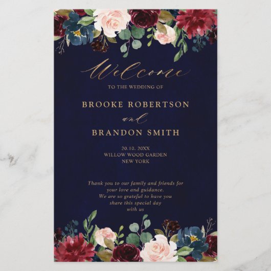 Burgundy Navy Floral Country Wedding Programme (Voorkant)