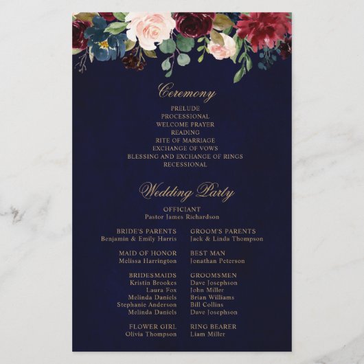 Burgundy Navy Floral Country Wedding Programme (Achterkant)