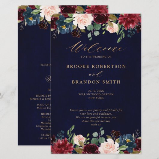 Burgundy Navy Floral Country Wedding Programme (Voorkant / Achterkant)