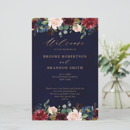Burgundy Navy Floral Country Wedding Programme (Staand voorkant)